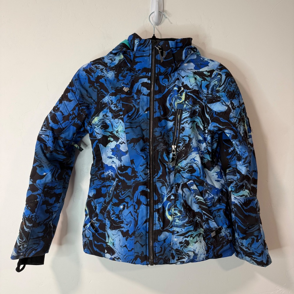 Obermeyer Girls Rayla Ski Jacket M 10-12 Blue Marble Hooded Winter Coat